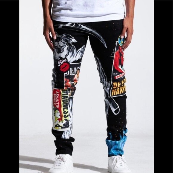 Embellish Mens Black Denim Jeans With Graphic Prints & Embroidery Size 34 - Picture 11 of 16